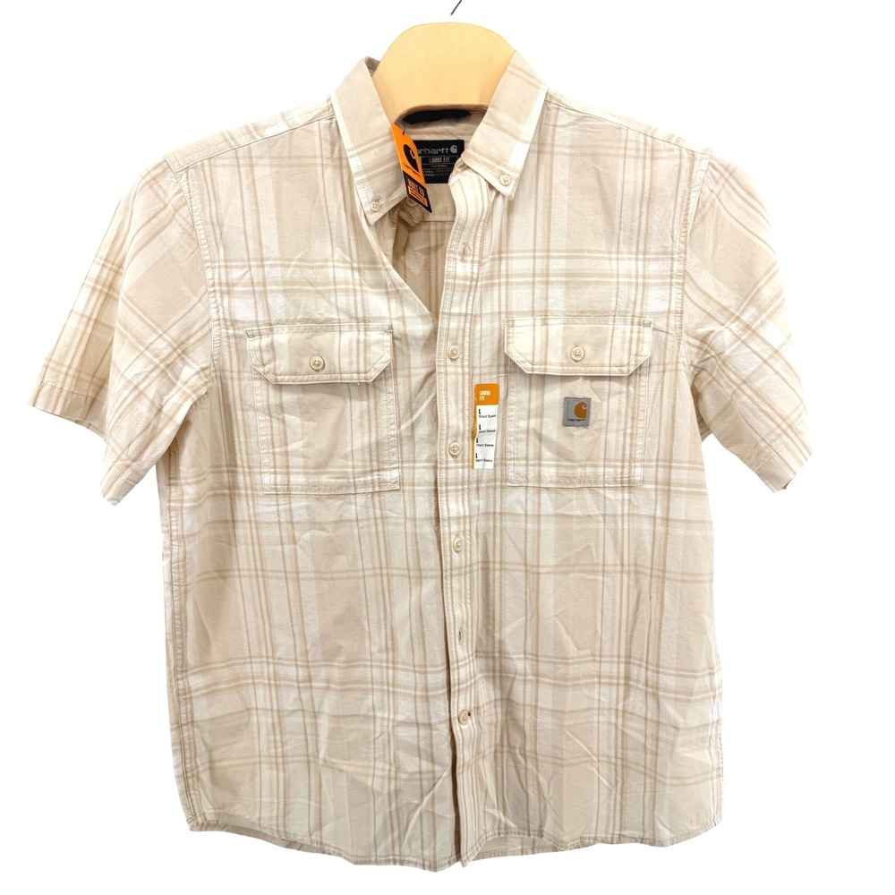 NEW Carhartt Button-Down Mens Large Short Sleeve Beige Plaid Loose Fit TW4625-M